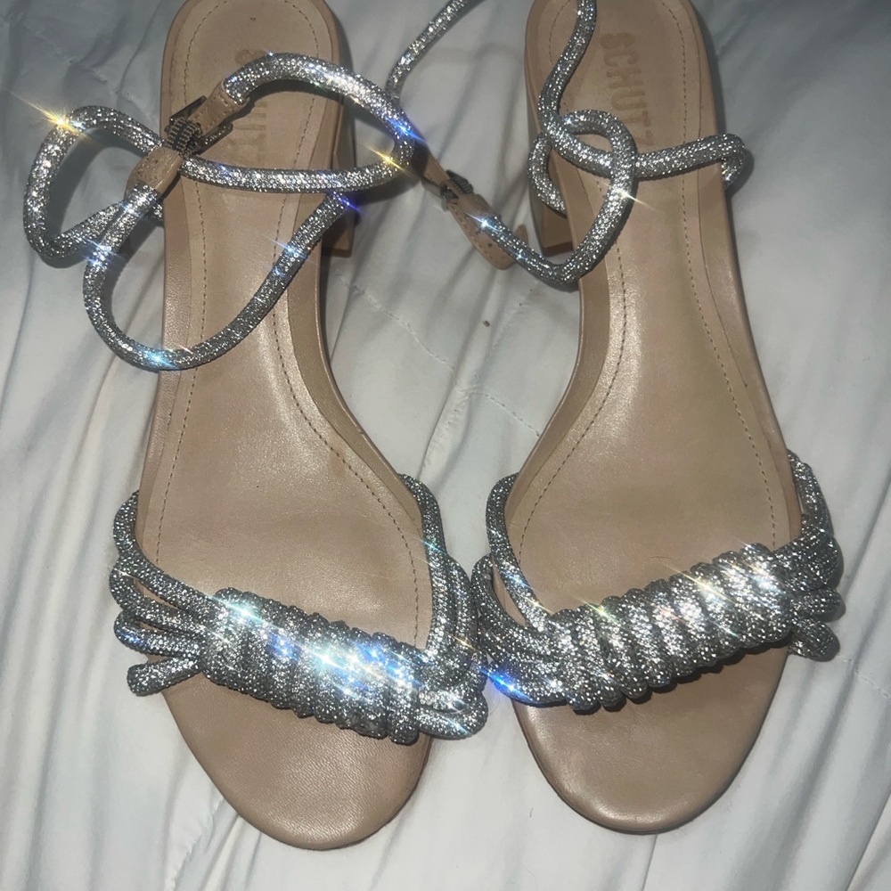 SCHUTZ Silver and Tan Strappy Heels with Block Heel - Picture 2 of 5